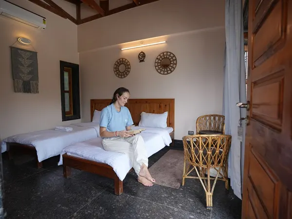 Comfortable twin bed accommodation during 300hr yoga course in Rishikesh Twin bed accommodation for 300 hour yoga teacher training course in Rishikesh